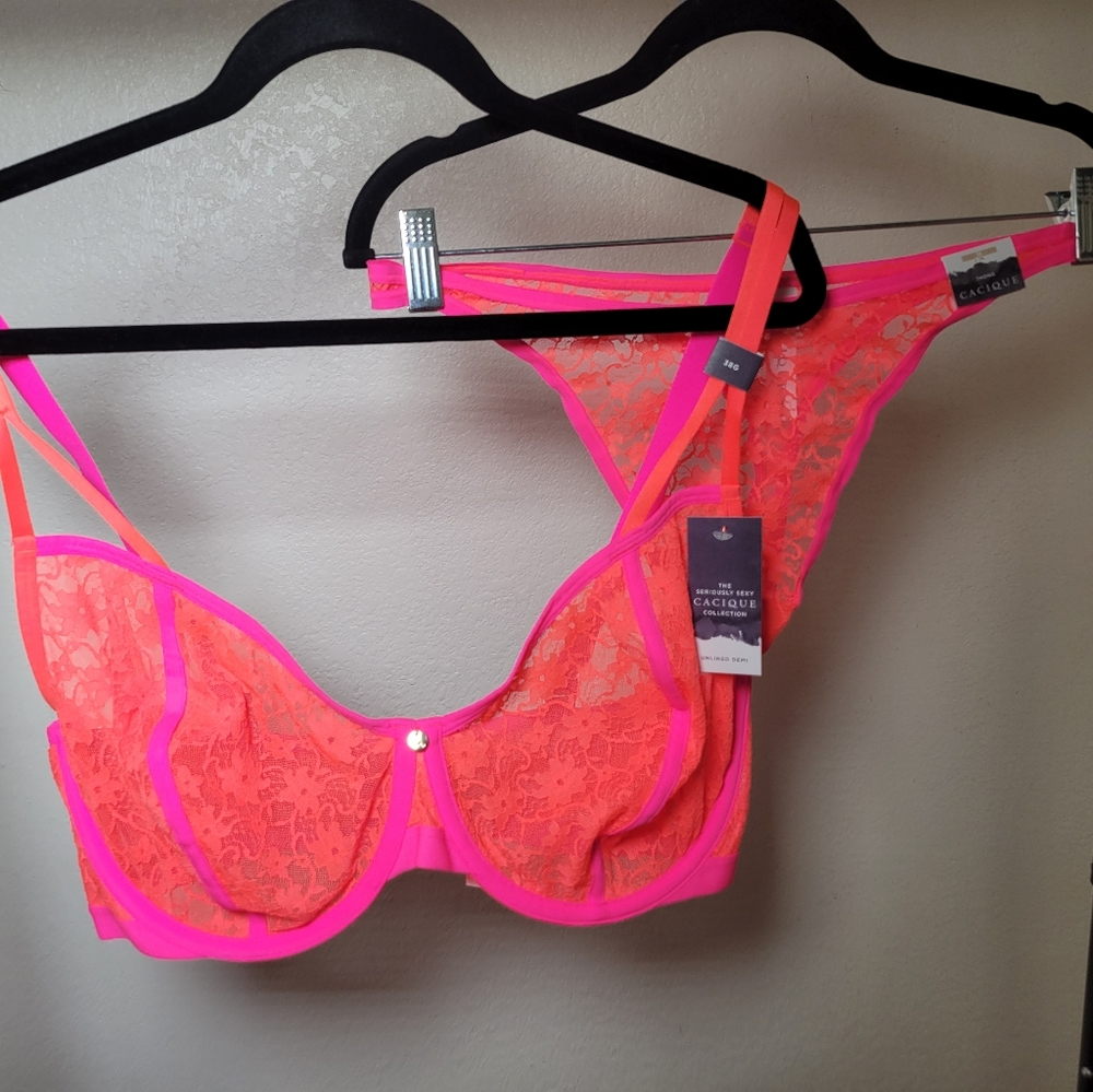 Neon Unlined Lace Demi Cacique Bra + Panty  Set